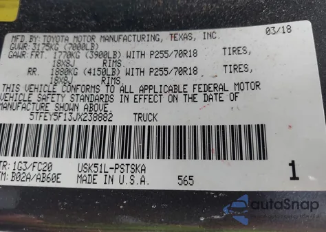 2018 Toyota Tundra Sr5 5.7L V8 z USA, uszkodzony, nr VIN 5TFEY5F13JX238882